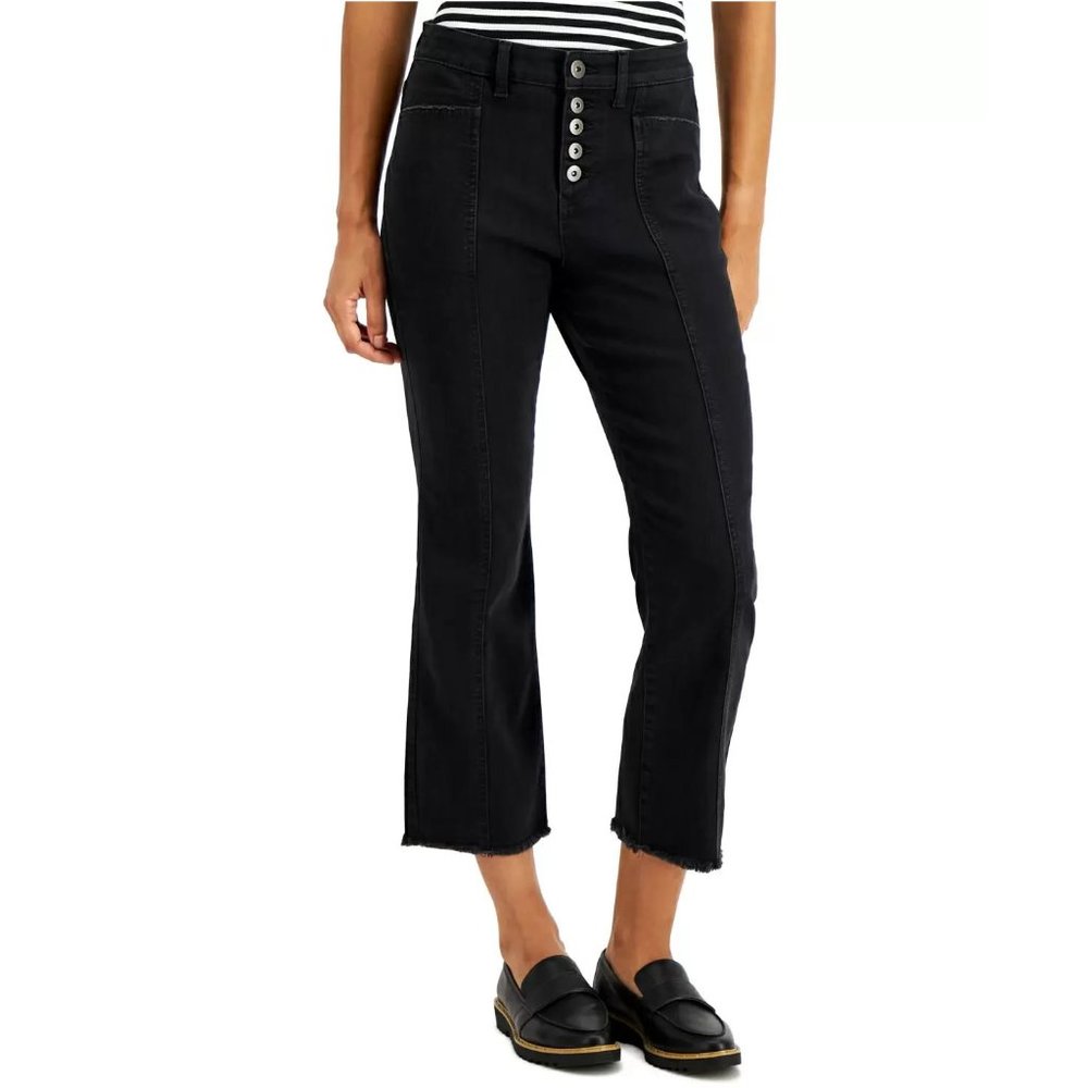 Style & Co Women's Curvy Button-Fly Raw-Hem Cropped Jeans, Washed Black